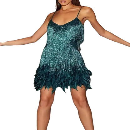 Sparkling teal swing dress with feather accents, perfect for parties, showcasing a white gold tassel mini dress style