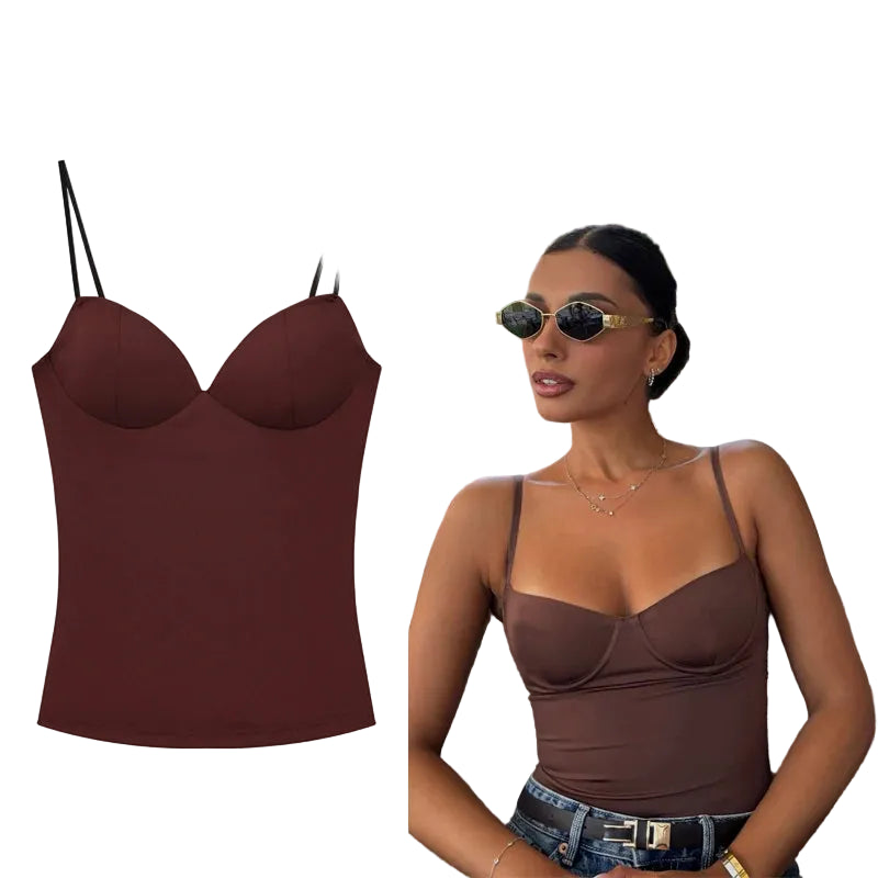Brown spaghetti strap top on a white background with a woman wearing it outdoors.