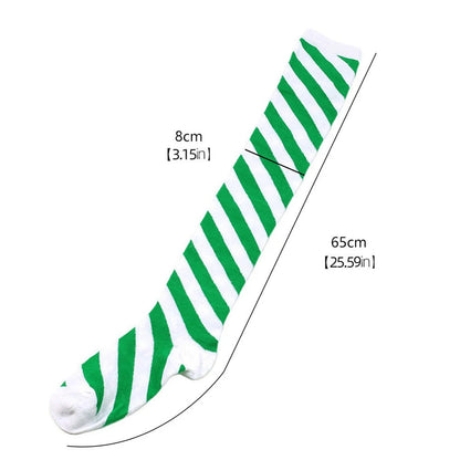 Green and white striped thigh high socks for women with a comfortable fit and stylish design