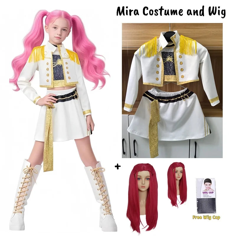 K-Pop demon hunters costume for kids featuring a stylish jacket, skirt, and colorful wig