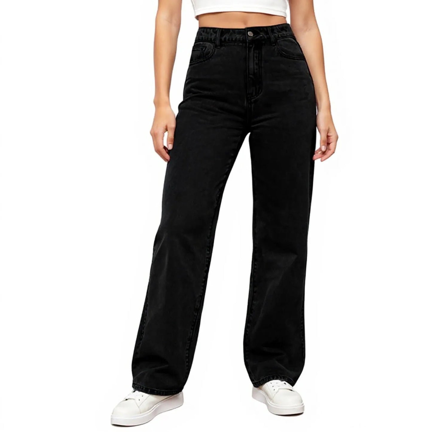 Womens High Waist Denim Trousers Trendy Fit