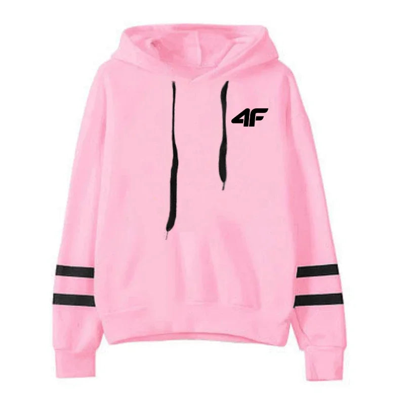 High quality women's hooded sweatshirt in pink with black stripe details and logo for stylish comfort