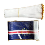 A bundle of white plastic zip ties with gold ball ends, shown above a packaged set of small flag stickers featuring a blue field with a red and white horizontal stripe and yellow stars, all on a brown background.