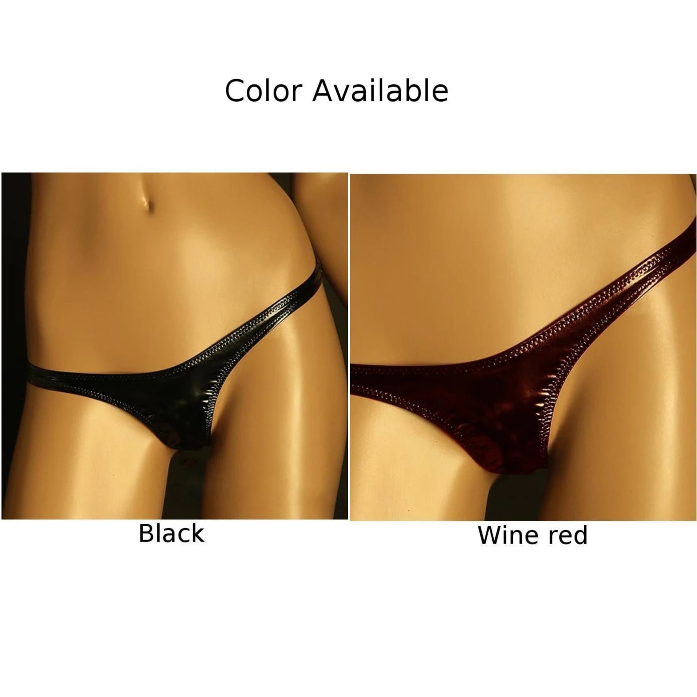 Shiny patent leather thong available in black and wine red colors for a stylish look