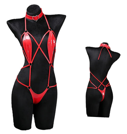 Sexy Leather Crotchless Bodysuit With Collar