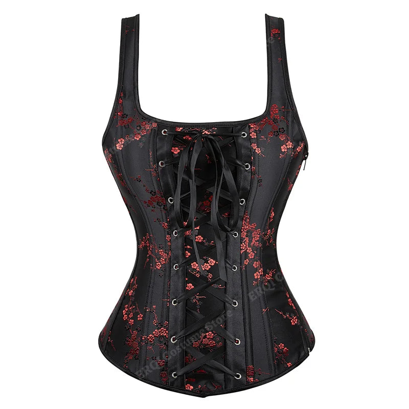 Floral Jacquard Corset with Straps in Black and Red