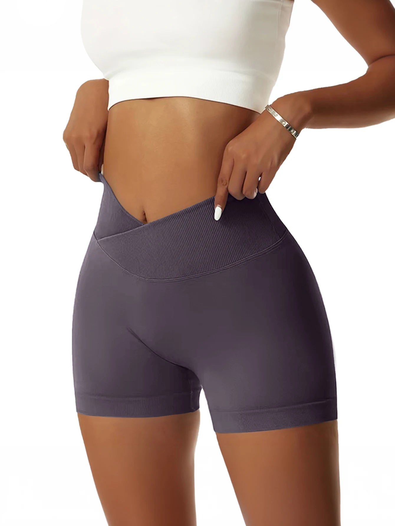 Cross Waist Workout Shorts - High Waisted Ribbed Biker