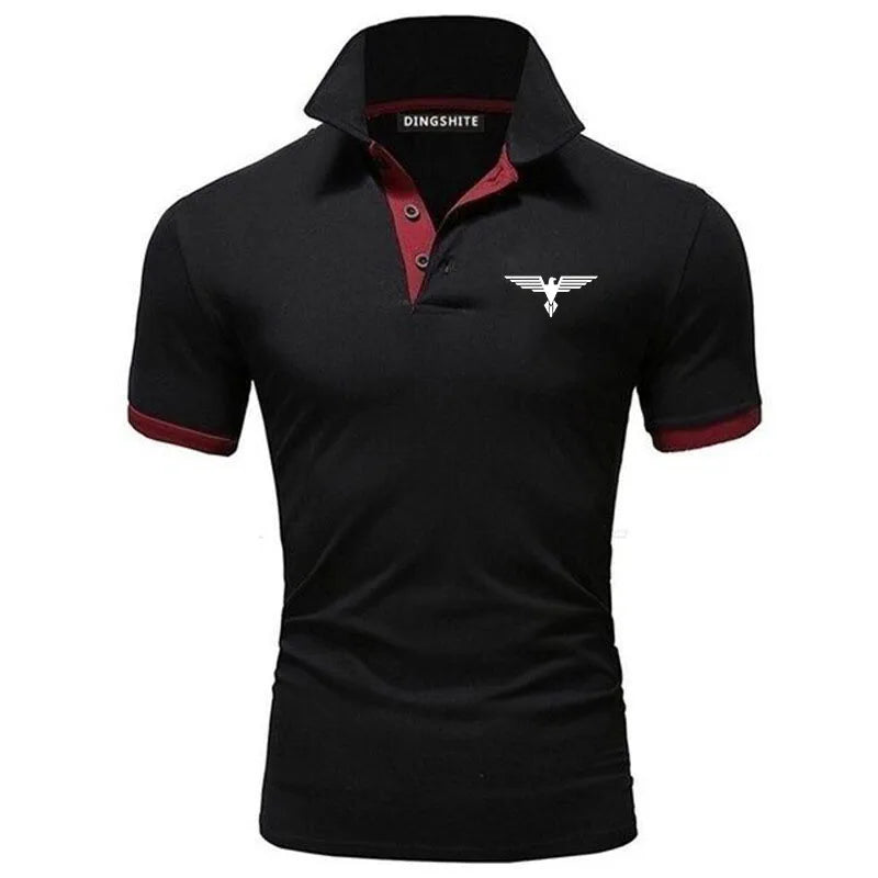 Stylish men's business casual polo shirt in black with contrasting maroon details and a modern logo