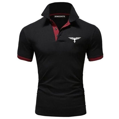 Stylish men's business casual polo shirt in black with contrasting maroon details and a modern logo