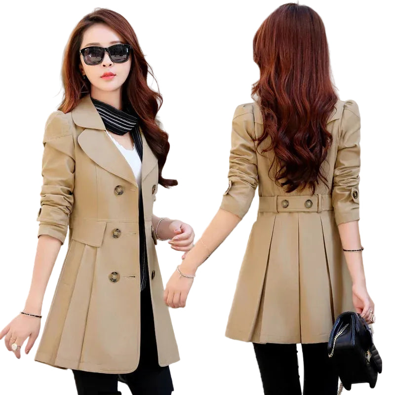 Woman wearing a beige trench coat with a blurred background