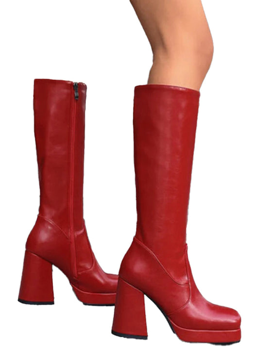 Womens Knee High Platform Boots In Red