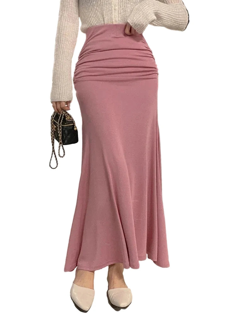 Womens High Waisted Shirring Satin Midi Skirt