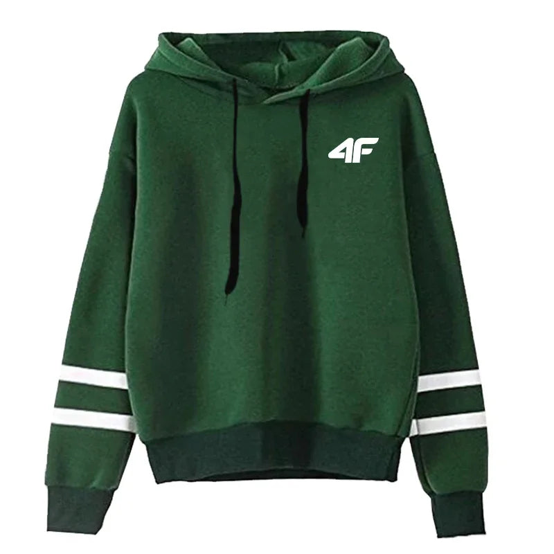 High quality women's hooded sweatshirt in green with contrasting white stripes and a modern design