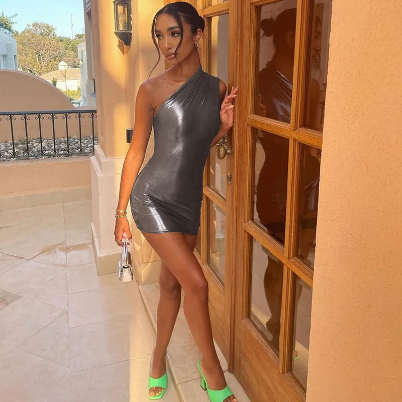 Shiny One-Shoulder and Bodycon Dress