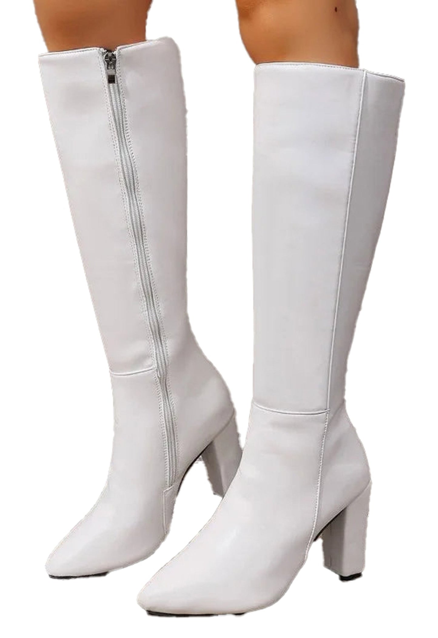 Womens Block Heel Knee Boots In White