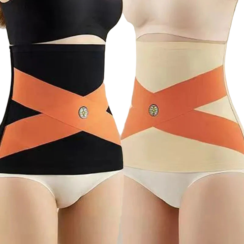 Two waist support belts, one black and orange, the other beige and orange, on a neutral background.