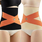 Two waist support belts, one black and orange, the other beige and orange, on a neutral background.
