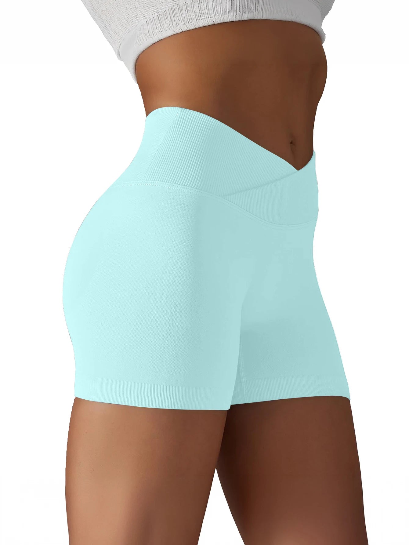 Cross Waist Workout Shorts - High Waisted Ribbed Biker