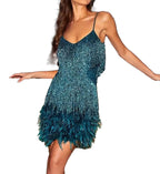 Stunning white gold tassel mini dress with a shimmering ombre design and feathered accents