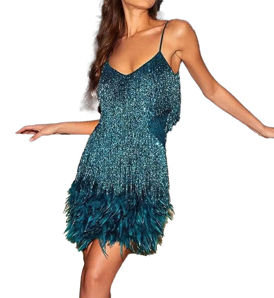 Stunning white gold tassel mini dress with a shimmering ombre design and feathered accents