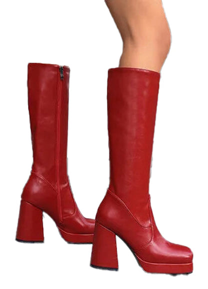 Womens Knee High Platform Boots In Red