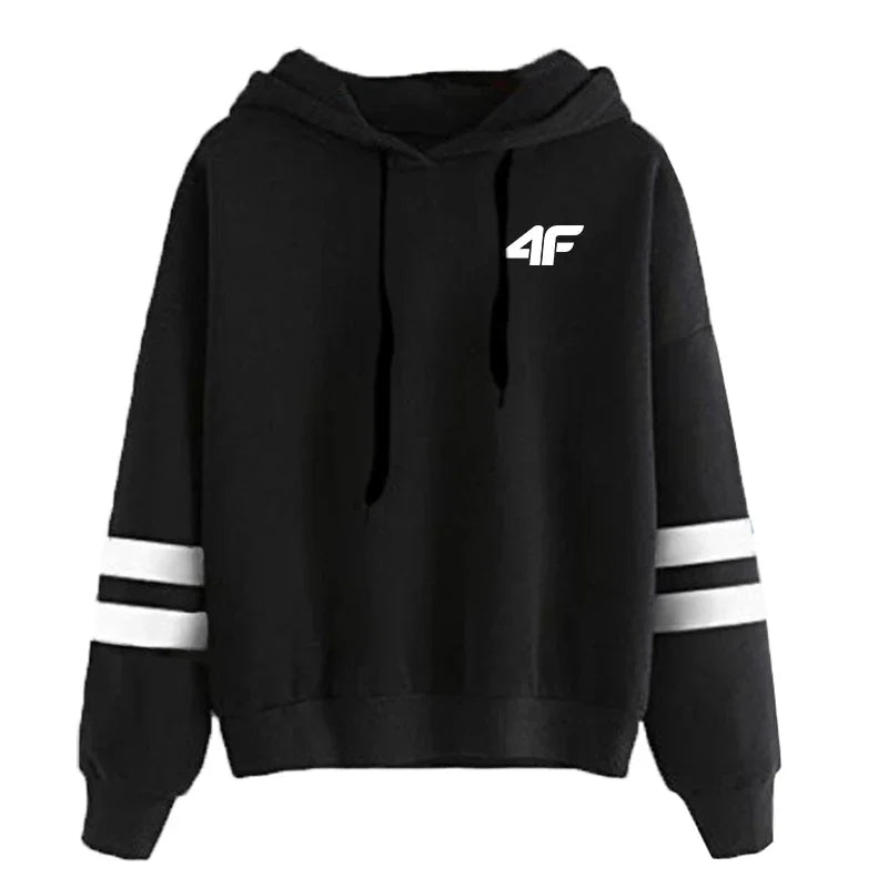 High quality women's hooded sweatshirt in black with white stripes and logo on the chest