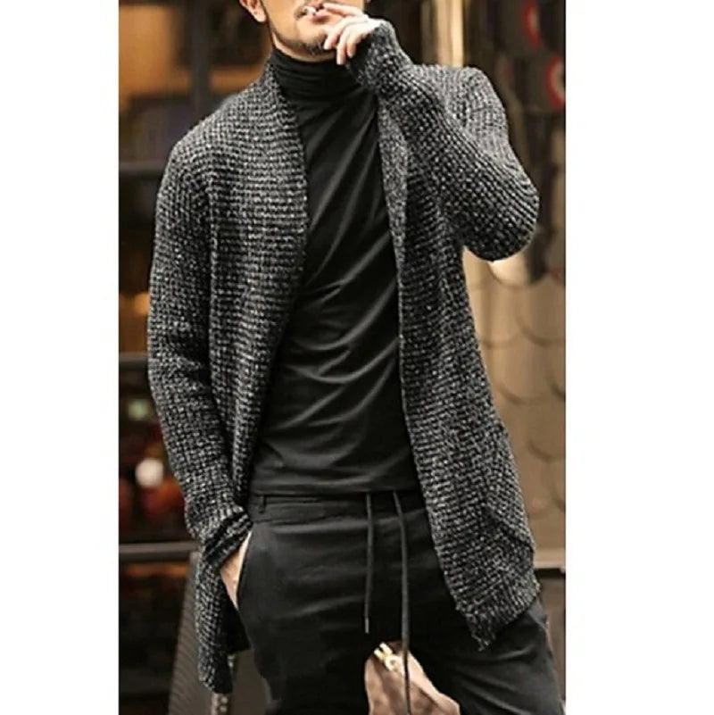 Mens Mid Length Open Stitch Knitted Trench Coat Sweater