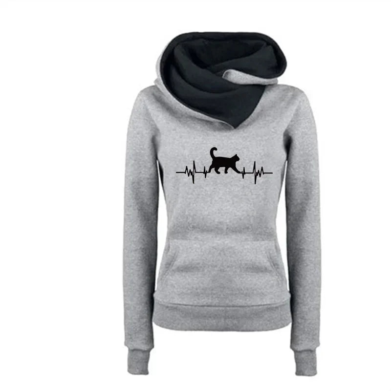 LuckeLadybug women's autumn winter sweatshirts in gray with cat heartbeat design and cozy hood