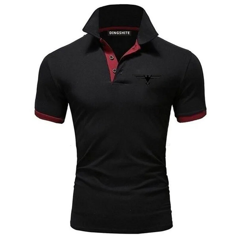 LuckeLadybug LLC men's business casual polo shirt in black with red accents and stylish collar