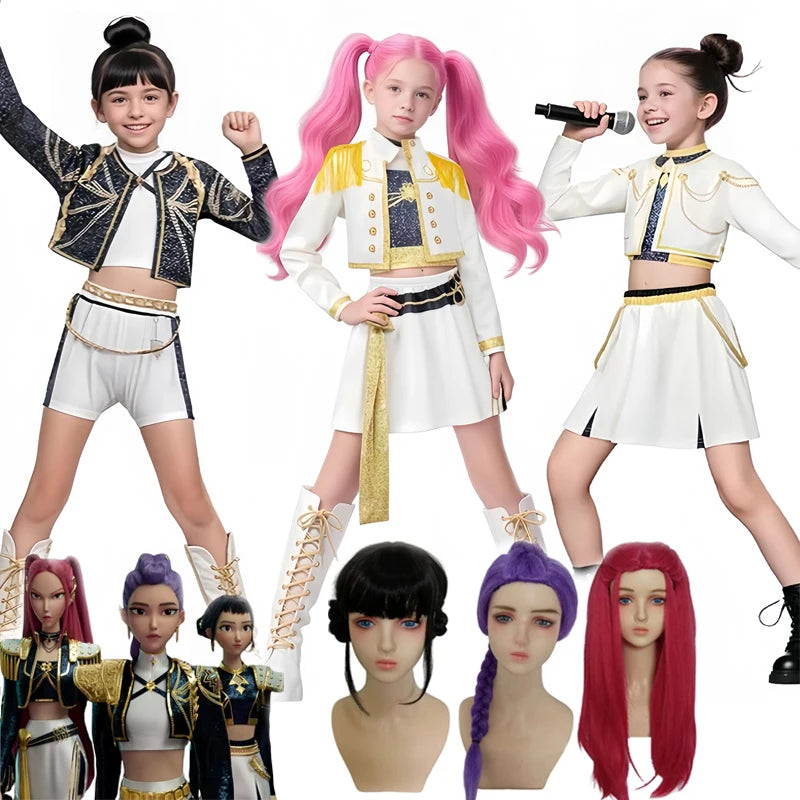 K-Pop demon hunters costume for kids featuring vibrant outfits and stylish wigs for performances