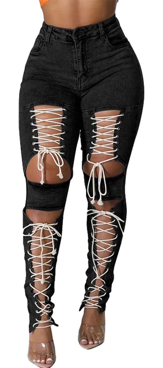 Womens Lace Up Skinny Jeans