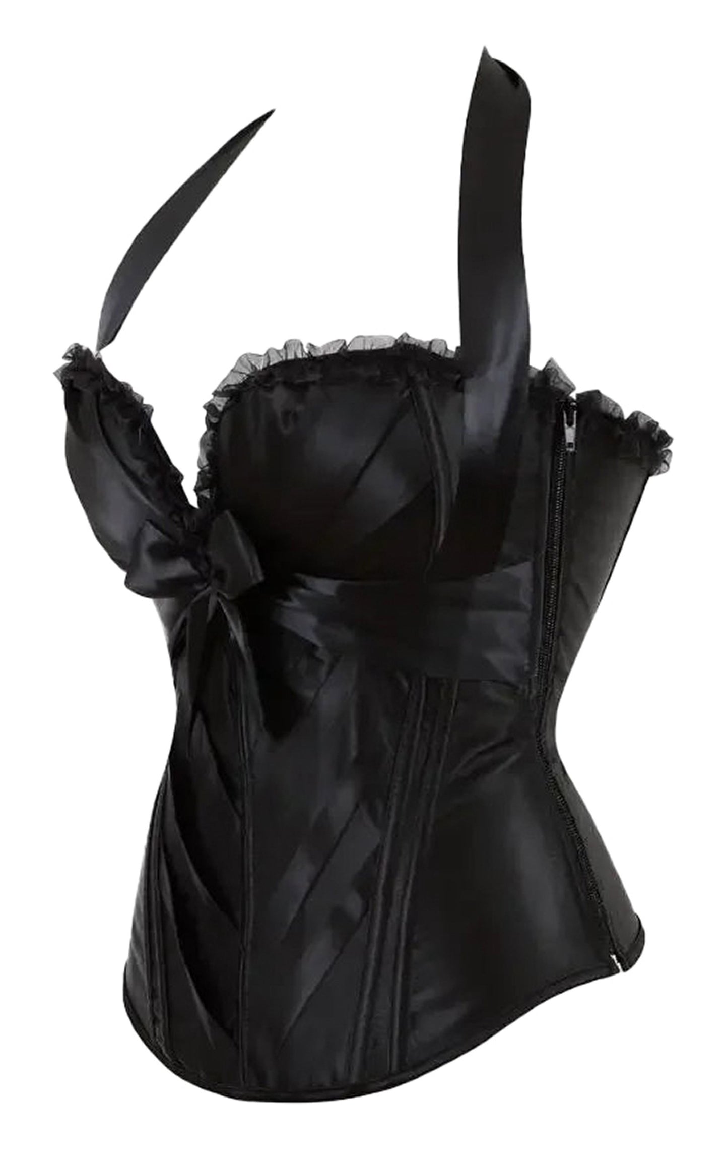 Black satin sexy corset top for women with ruffles and bow detail for a chic look