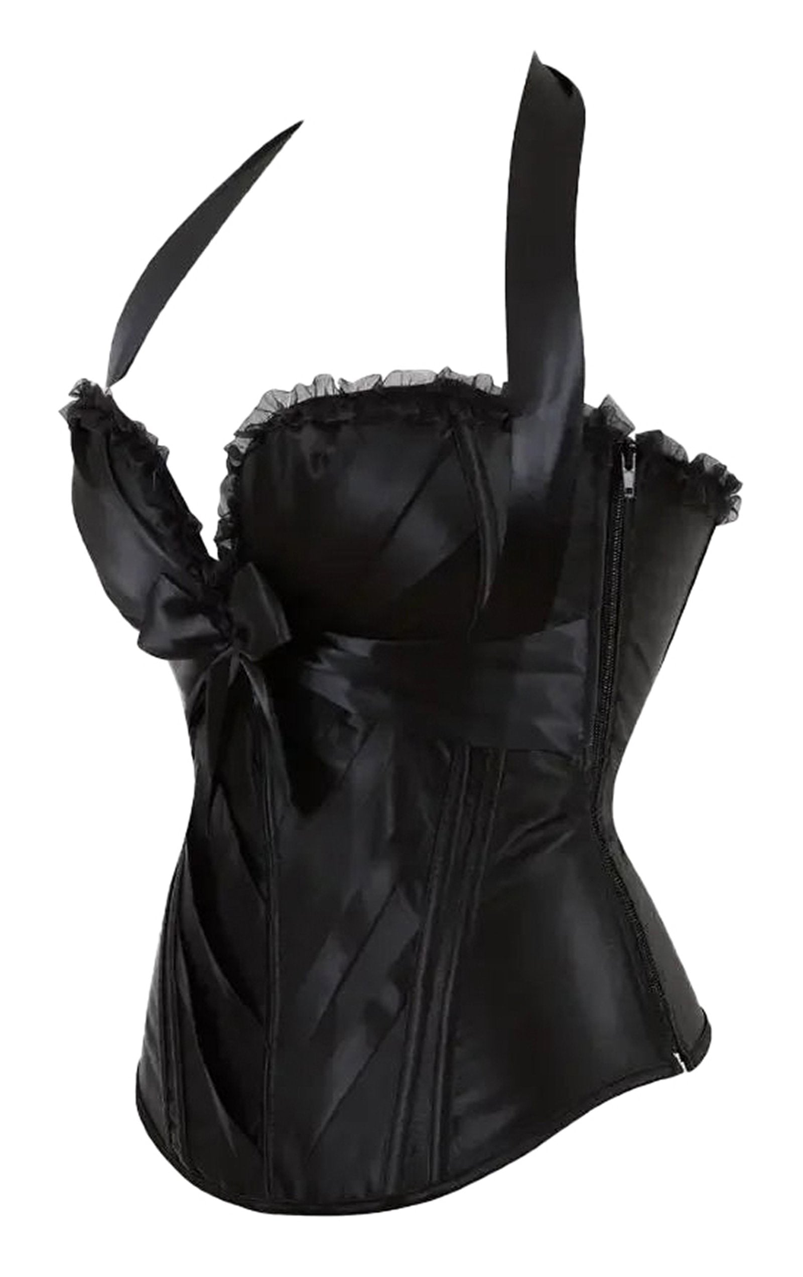 Black satin sexy corset top for women with ruffles and bow detail for a chic look