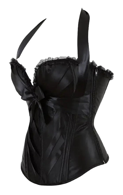 Black satin sexy corset top for women with ruffles and bow detail for a chic look