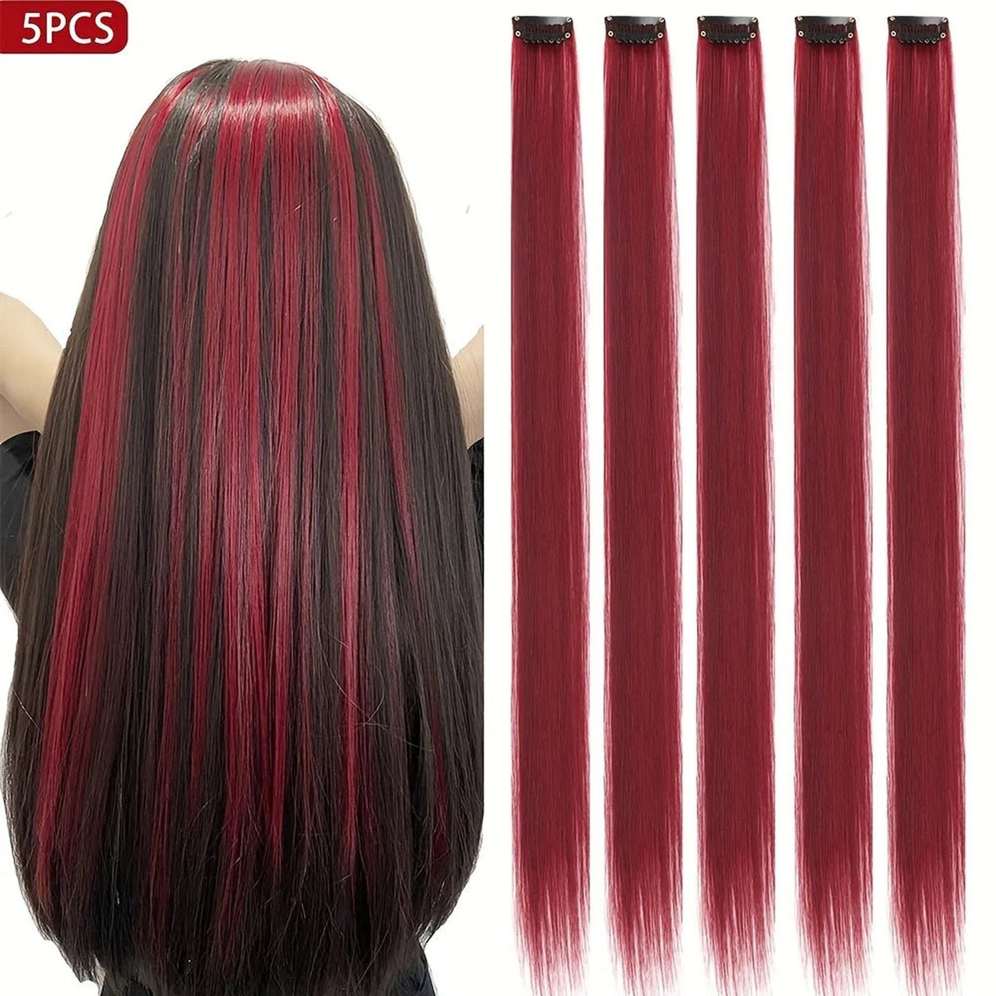 Synthetic clip in hair extensions in black and red color, long straight hair, set of 5 pieces
