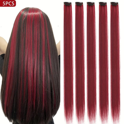 Synthetic clip in hair extensions in black and red color, long straight hair, set of 5 pieces