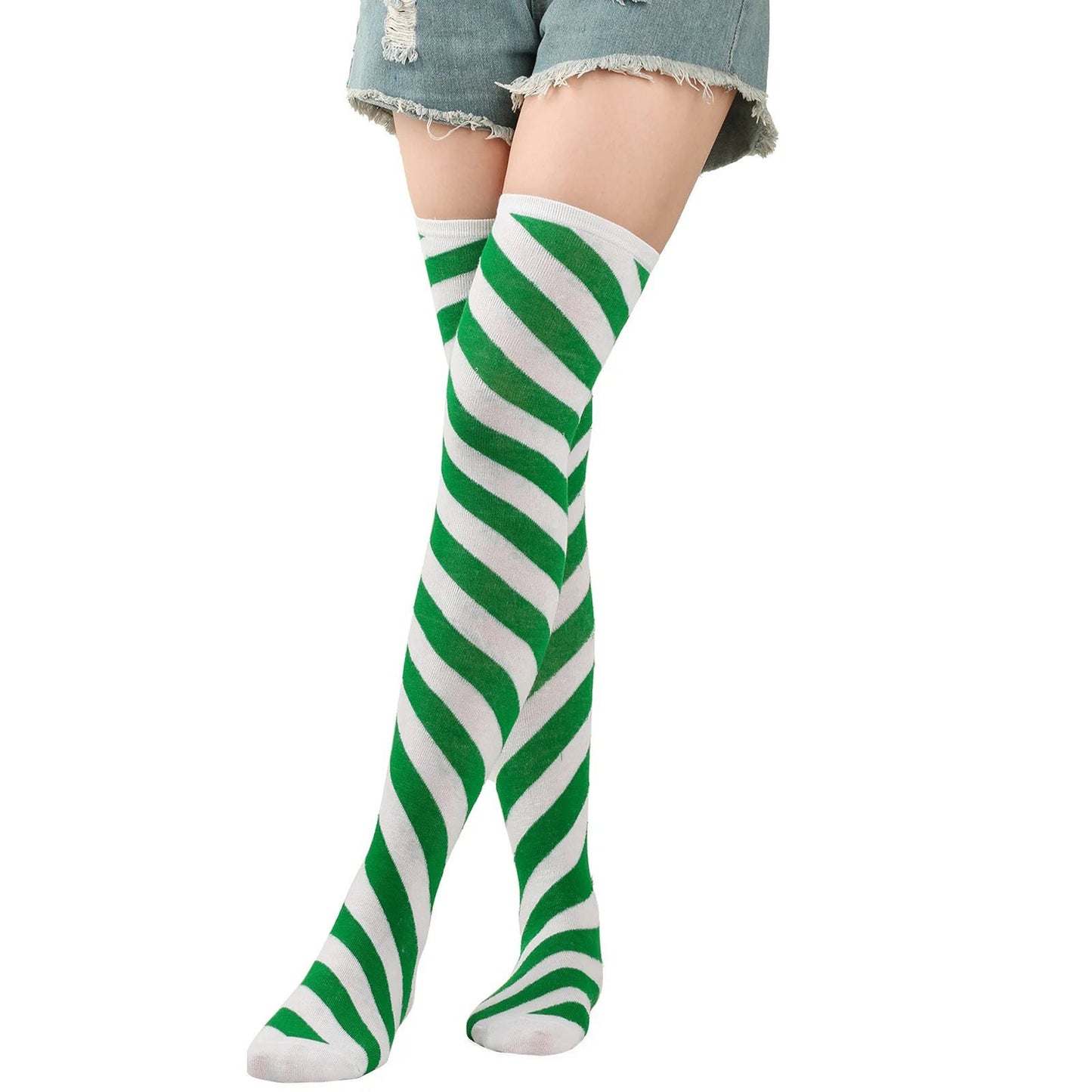 LuckeLadybug LLC Striped thigh high socks for women in green and white for a stylish look