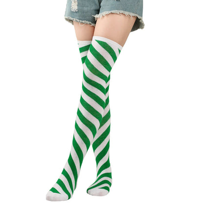LuckeLadybug LLC Striped thigh high socks for women in green and white for a stylish look