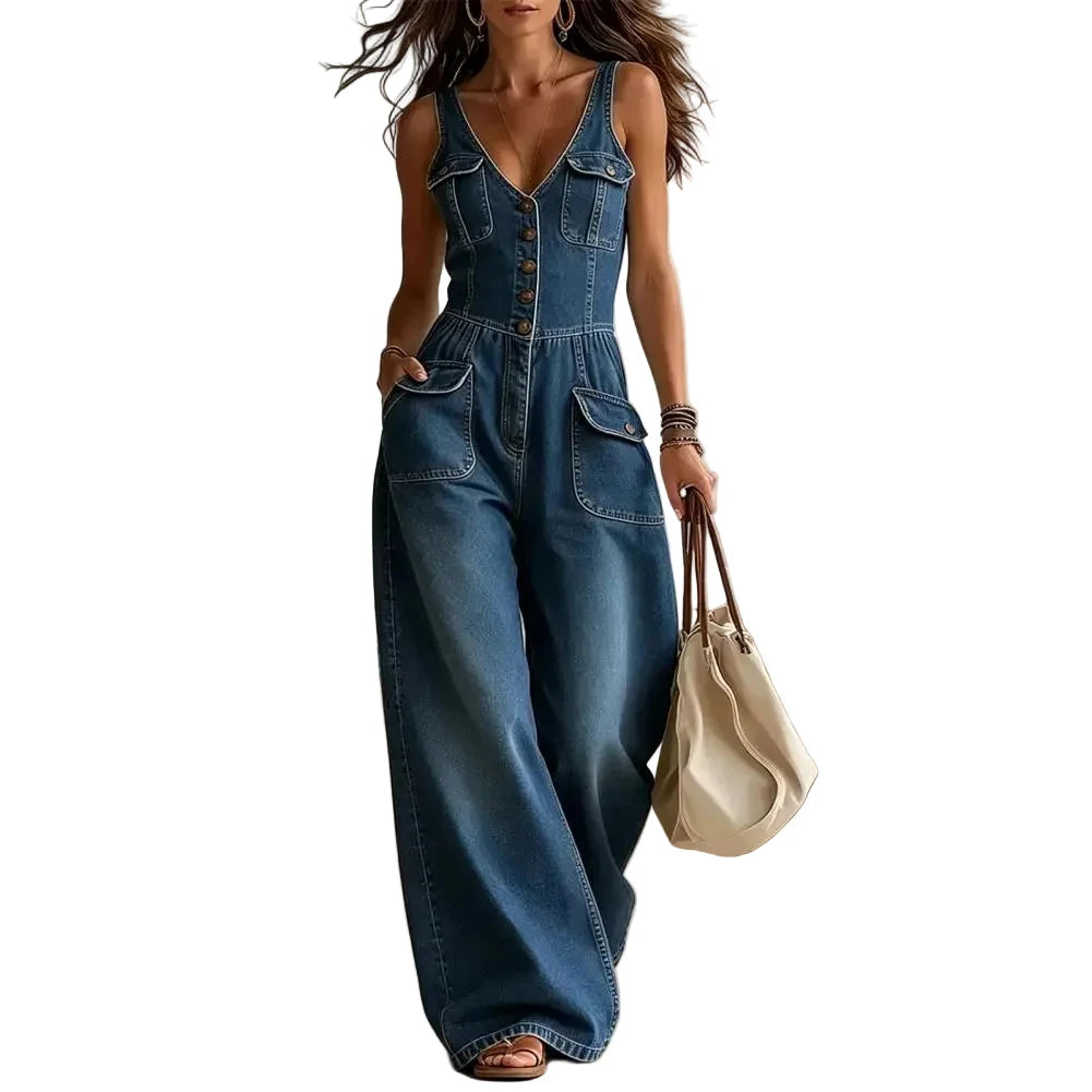Womens Denim Jumpsuit V Neck Wide Leg Romper with Pockets