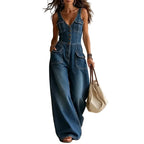 Womens Denim Jumpsuit V Neck Wide Leg Romper with Pockets