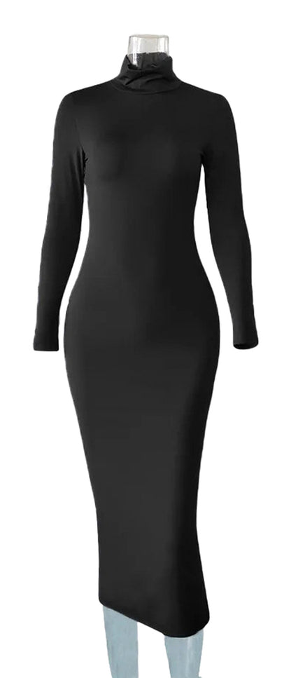 Elegant black blouson maternity photo shoot dress with long sleeves and a fitted silhouette