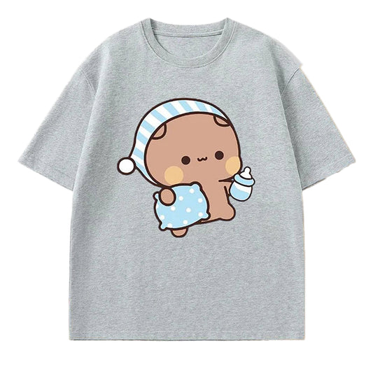 Front View of Cute Bubu Panda & DuDu Bear Graphic T-Shirt