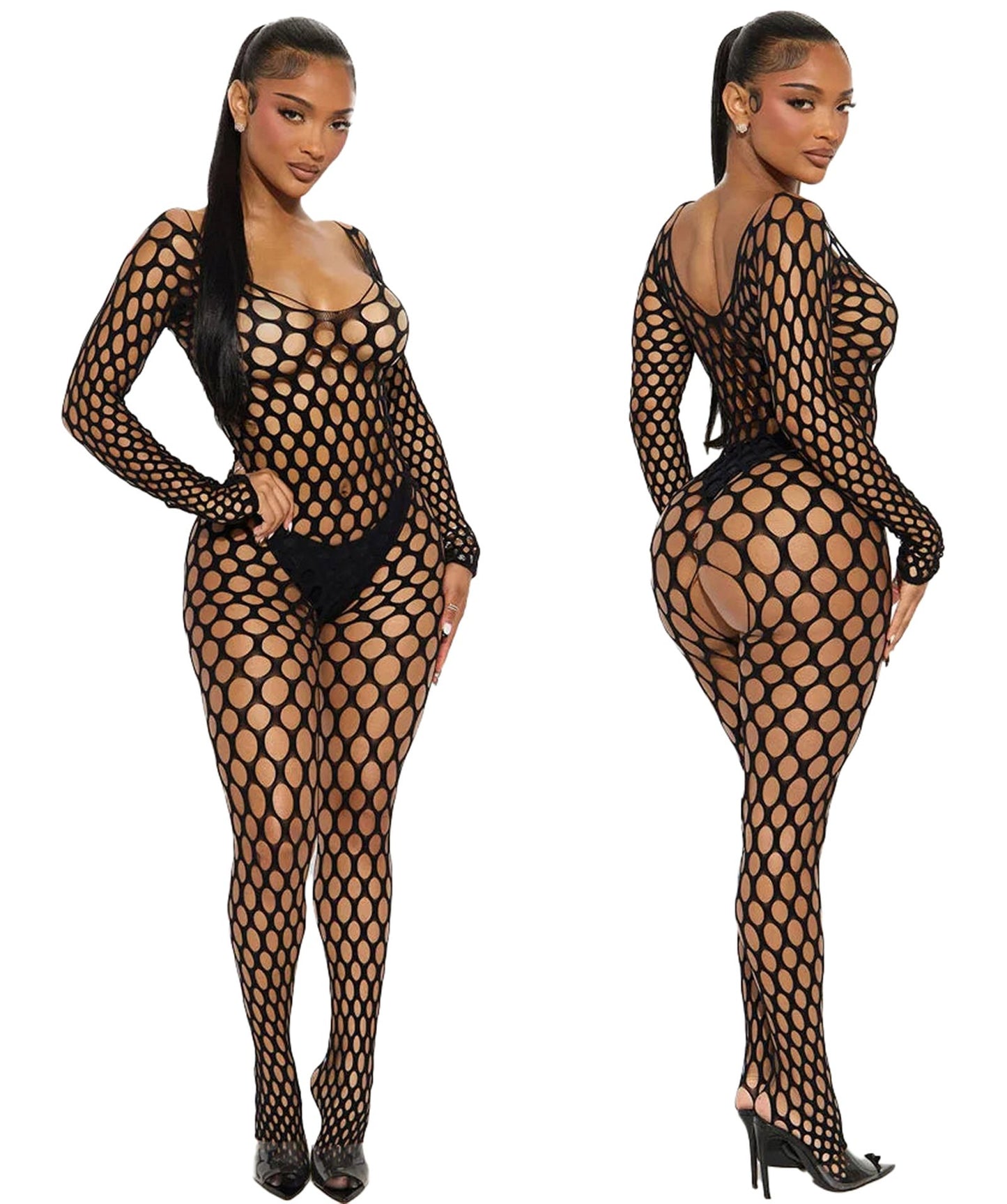 LuckeLadybug sexy mesh lingerie bodysuit featuring a dotted pattern for a bold, revealing look