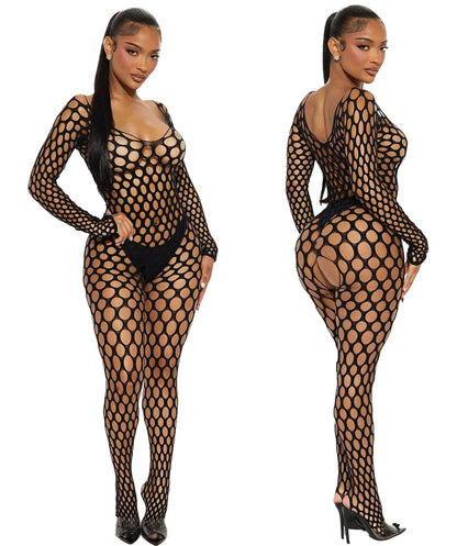 LuckeLadybug sexy mesh lingerie bodysuit featuring a dotted pattern for a bold, revealing look