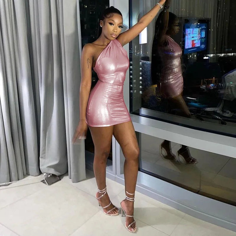 Shiny One-Shoulder and Bodycon Dress