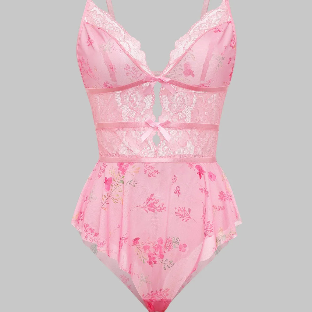 Crotchless Lingerie Floral Bodysuit