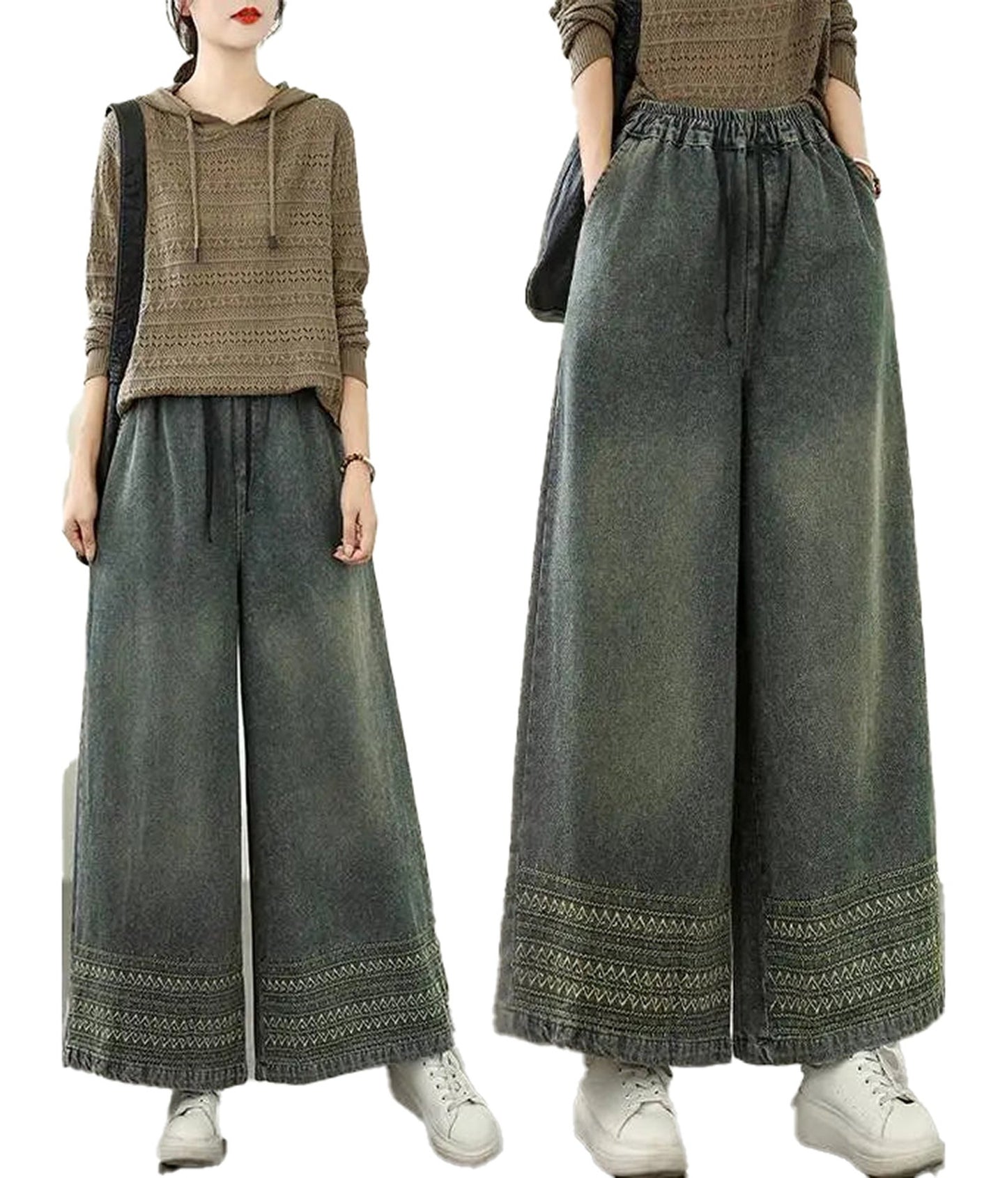 Embroidered Wide Leg Jeans For Women