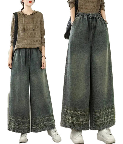 Embroidered Wide Leg Jeans For Women