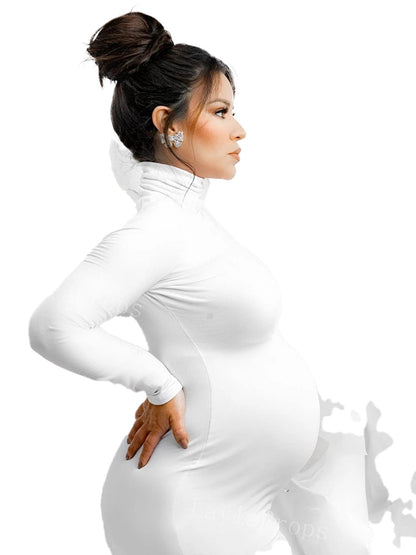 LuckeLadybug LLC maternity photo shoot dress in white showcasing a stylish fitted design