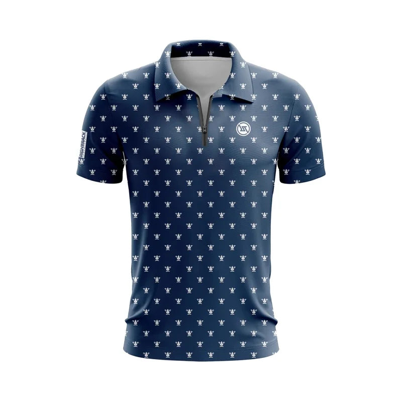 LuckeLadybug men's zippered polo shirt in navy blue with a unique pattern and a modern fit